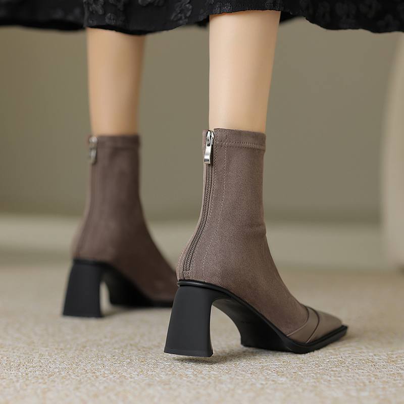 Krazing Pot Зимние эластичные ботинки из флоковой коровьей кожи с квадратным носком на толстом высоком каблуке и молнии, женские однотонные ботильоны
