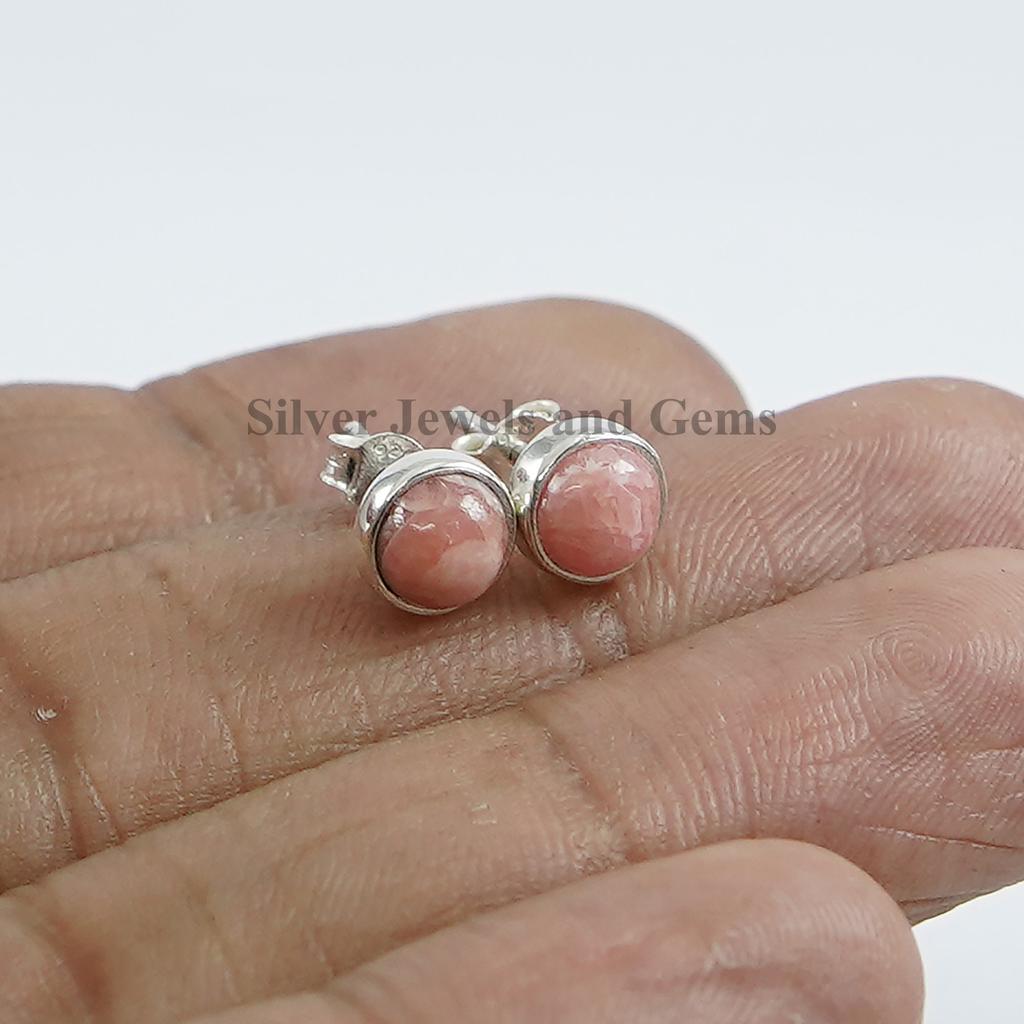 Rhodochrosite Sterling Silver Stud Earrings, Pink Gemstone, Tiny Earrings