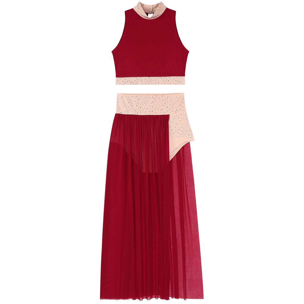 Женский комплект из 2 предметов с вырезом для бальных танцев, современных лирических танцев, катания на коньках, сценического выступления, длинное платье с разрезом сбоку, юбка макси-платья