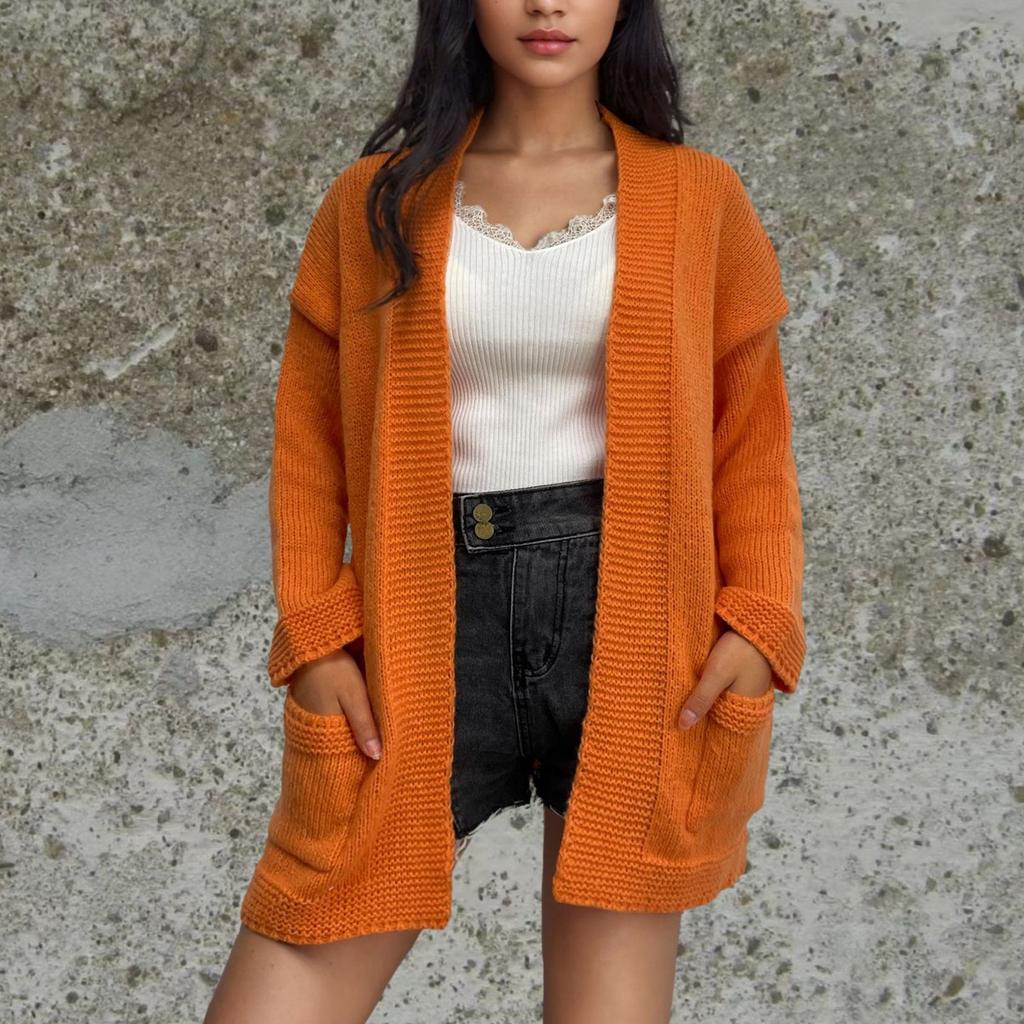 Женская мода вязаный карманный кардиган свитер со свободным пальто