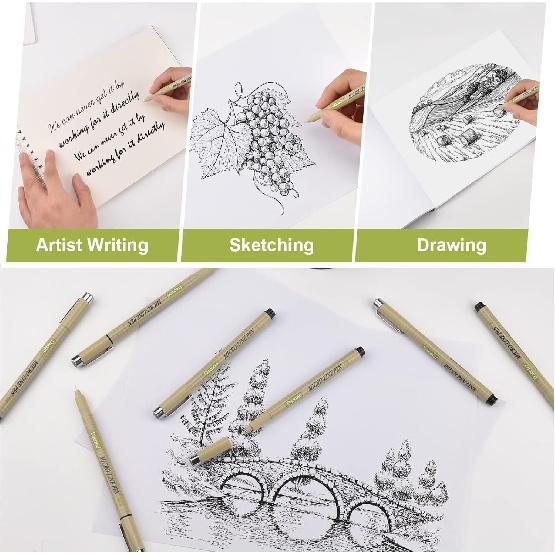 Micro Fineliner Drawing Art Pens, Black Art Pens for Drawing, 12 Size Waterproof Pen for Artists Sketching, Illustration, Watercolor, Calligraphy,