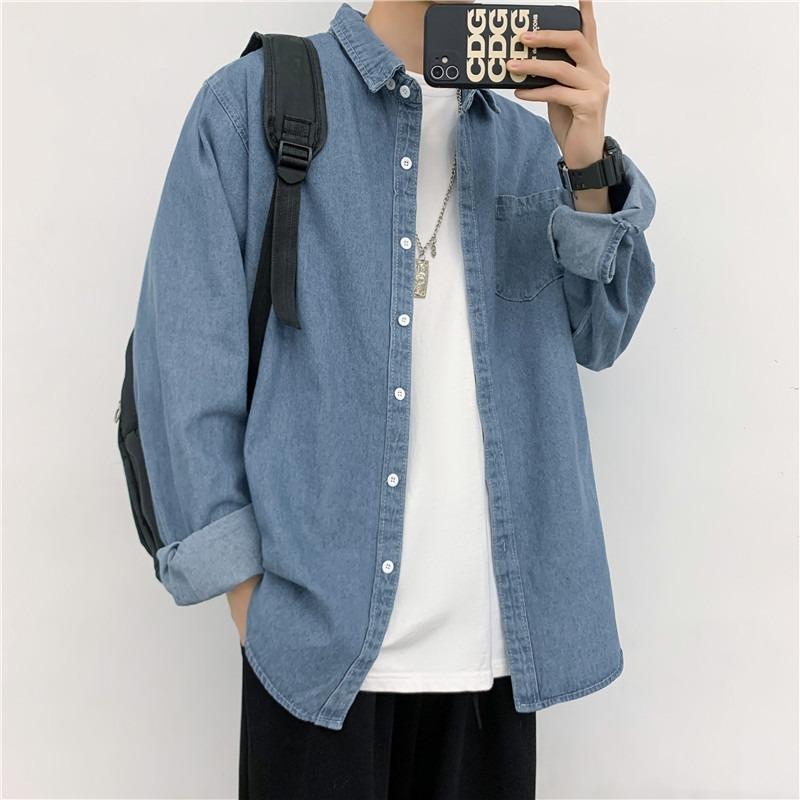 Men's Long Sleeve Harajuku Denim Shirt - Casual Hong Kong Style Loose Fit for Spring and Autumn.