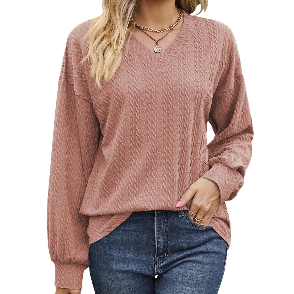 BITCED Осенне-зимняя однотонная свободная повседневная футболка с V-образным вырезом и длинными рукавами для женщин