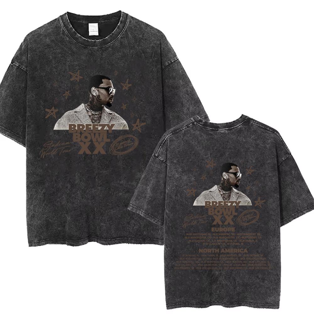 Washed Chris Brown Music Album Cover Print Tshirt Breezy Bowl XX Tour Merch T Shirts Men Women Hip Hop High Quality Tshirt