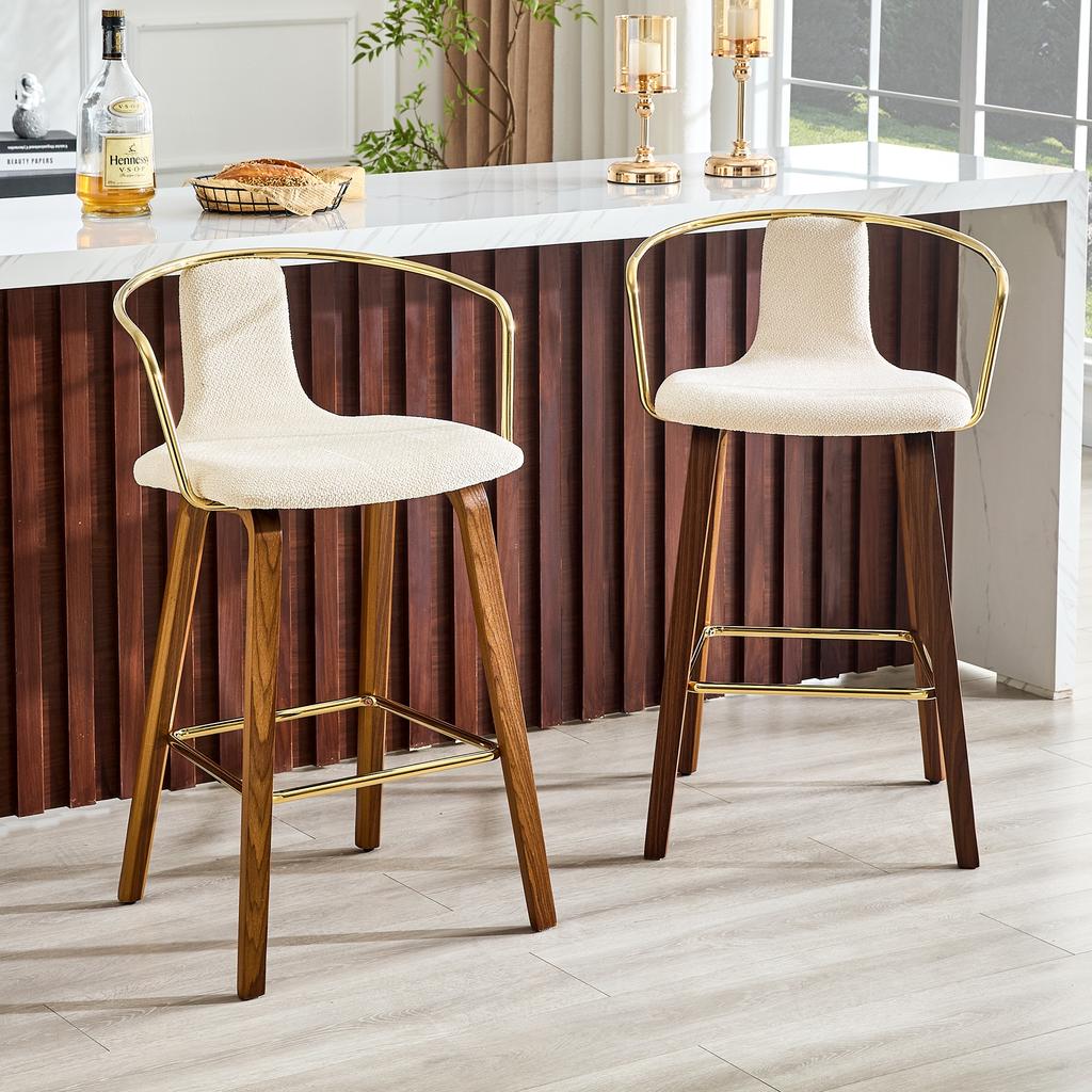 Set of 2 bar stools with armrest, teddy fabric/PU leather, wooden legs, metal footrest, modern Scandinavian