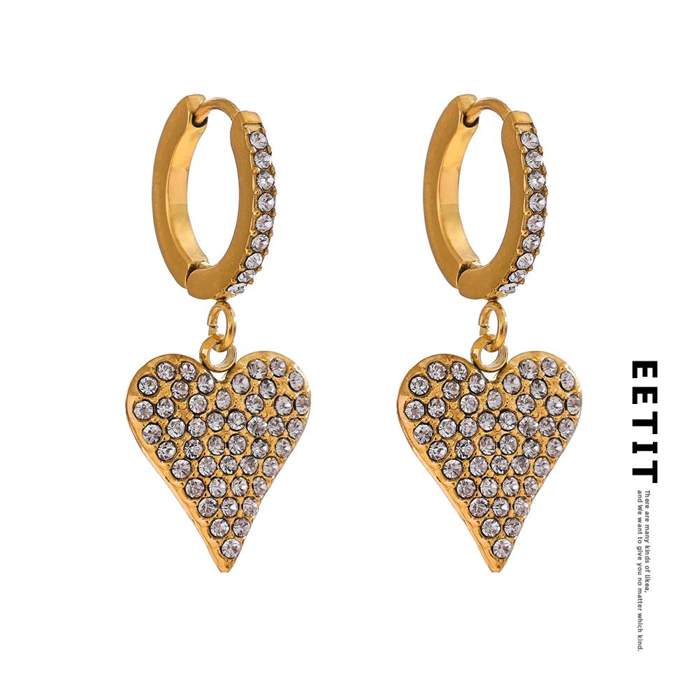 Eetit Luxury Shiny Cubic Zirconia Heart Love Drop Hoop Earrings for Women Stainless Steel Fashion Temperament Jewelry Gift