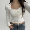 Bandage Folds Square Collar Crop Top Women Fairycore Y2K White T Shirts Basic Knitted Elegant Tees Vintage 2000s Clothing