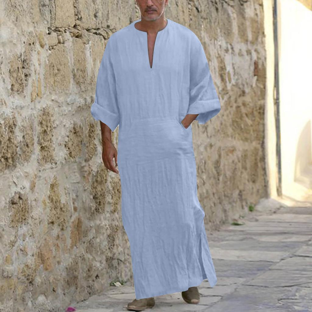 Мужской льняной халат с v-образным вырезом и коротким рукавом, кафтан, длинное платье, повседневная рубашка для пляжа, лето