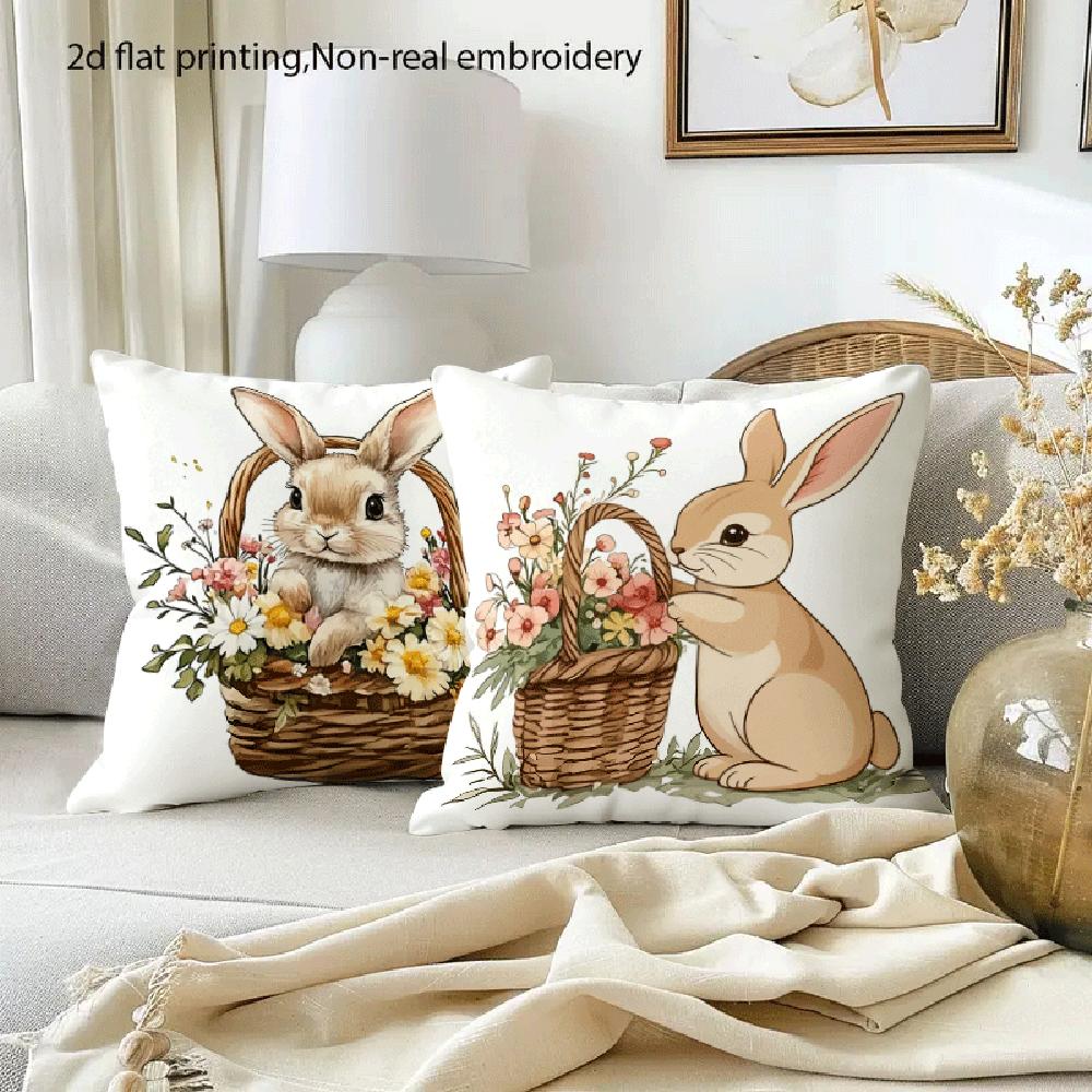 Short Plush Material Pillowcase2Pcs Cute Bunny Patterned Pillowcases Suitable For Easter And Farmhouse-Style Home Decor; Pillow