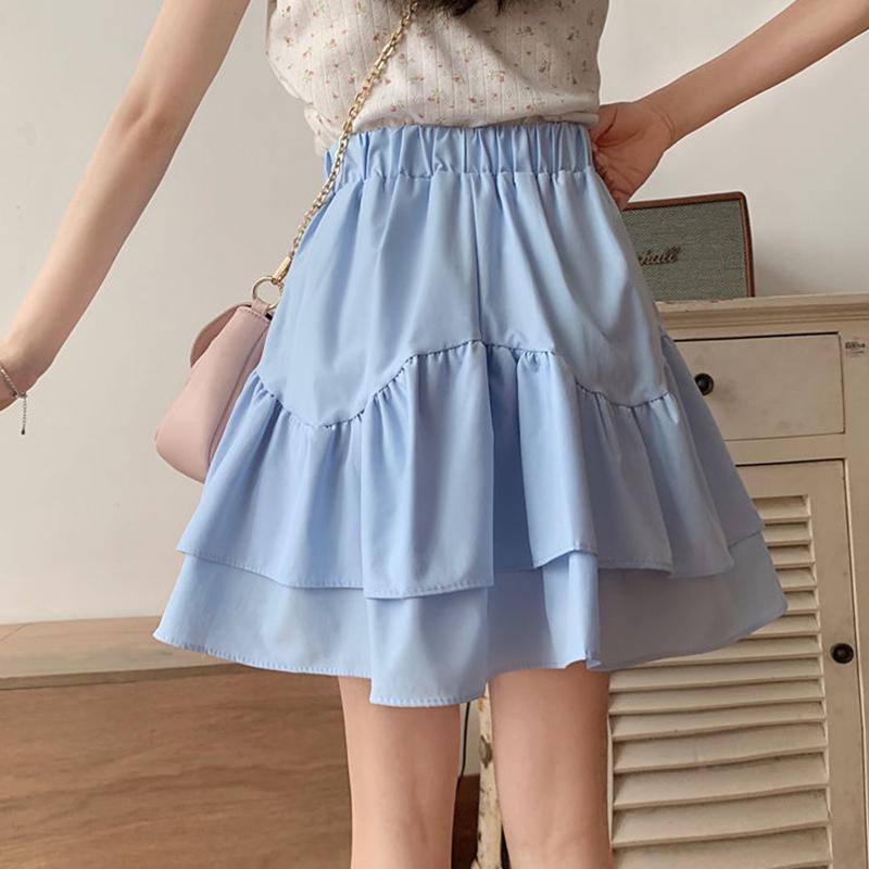 Skirts for Women Ruffled A-line Skirt Female Summer Thin Tutu Skirts Solid Color Preppy Style Elastic High Waist Casual Skirt