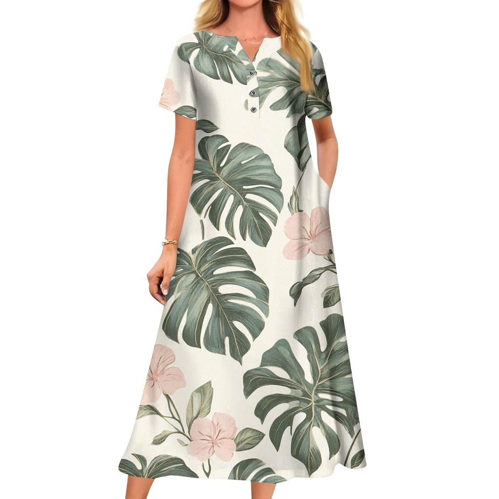 Женское летнее платье свободного кроя с принтом, V-образным вырезом и короткими рукавами