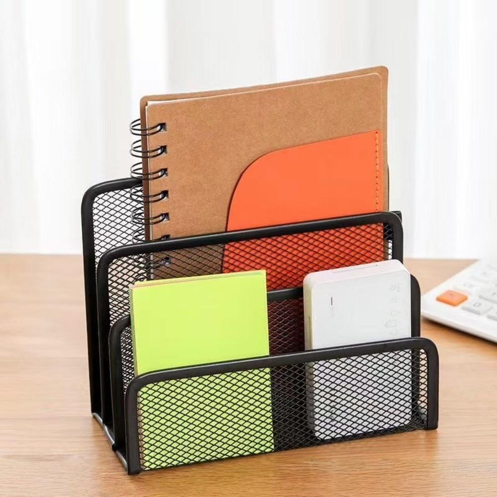 Metal Mesh Black Pen Holder 2/3 Grids File Storage Rack Desk Organizer Holder  Office Accessories