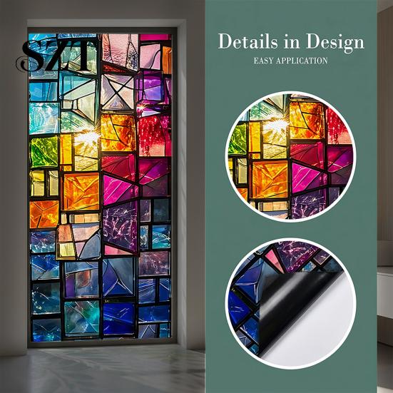 Retro Colored Glass Sticker Static Cling Window Film, Full Blackout, Colorful Geometric Privacy UV Easy Install Blocking, Reusable Heat Insulation for