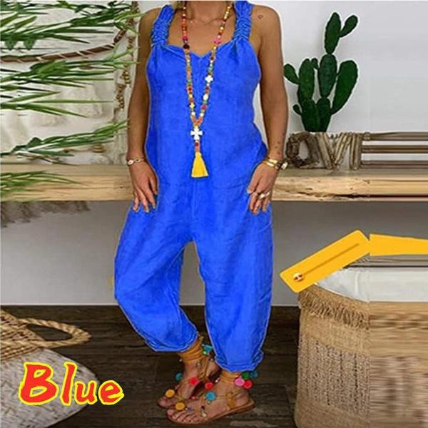 Women Casual Loose One-piece Suspender Pants Summer Solid Color Sleeveless Baggy Rompers Classic Long Overalls Jumpsuits