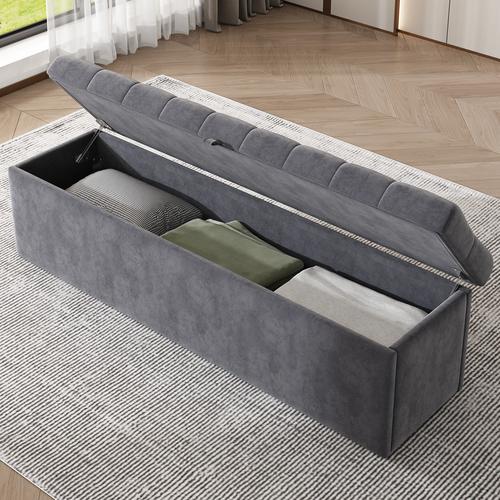 Upholstered Bed 140 x 200 cm, with Hydraulic Lever, Functional Bed with Slatted Frame and Storage, with Upholstered Storage Bench, Velvet, grey