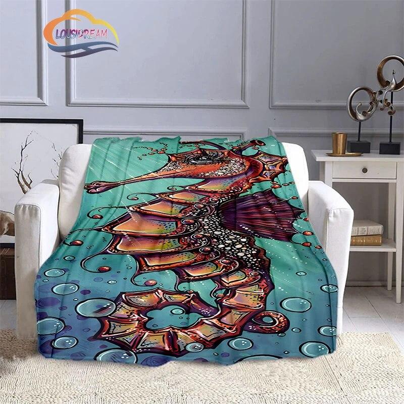Marine Animal Sea Horse Blankets Super Soft Hippocampus Flannel Blanket Warm Lightweight Kids Bedding Sofa Chairs All Seasons