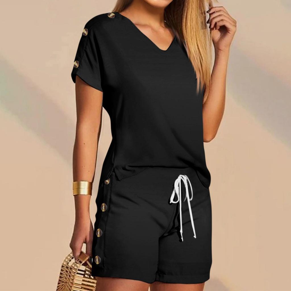 Женские футболки, футболки, шорты, комплекты с графикой, повседневные однотонные комплекты с V-образным вырезом, стандартная посадка