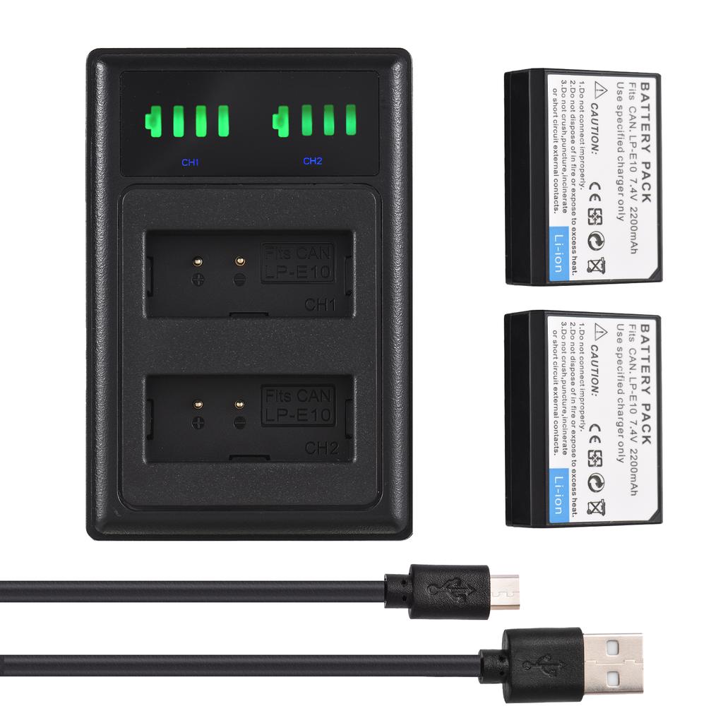 LP-E10 Battery Charger 2-slot with LED Indicators 2pcs LP-E10 Batteries 7.4V 2200mAh with USB