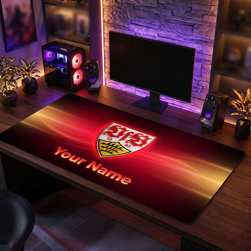 VfB Stuttgart FC Custom Large Mouse Pad, Personalized Name Text Print, Football Logo Non‑Slip Desk Mat Gaming Gift