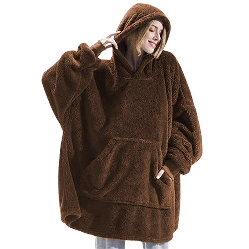 Women Oversized Long Hoodies Winter Fleece Warm Blanket with Sleeves Pocket Sweatshirts Thick Hoody Pullovers