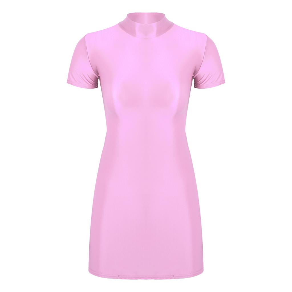 Womens Bodycon Mini Dress Glossy Fabric Mock Neck Short Sleeve Clubwear