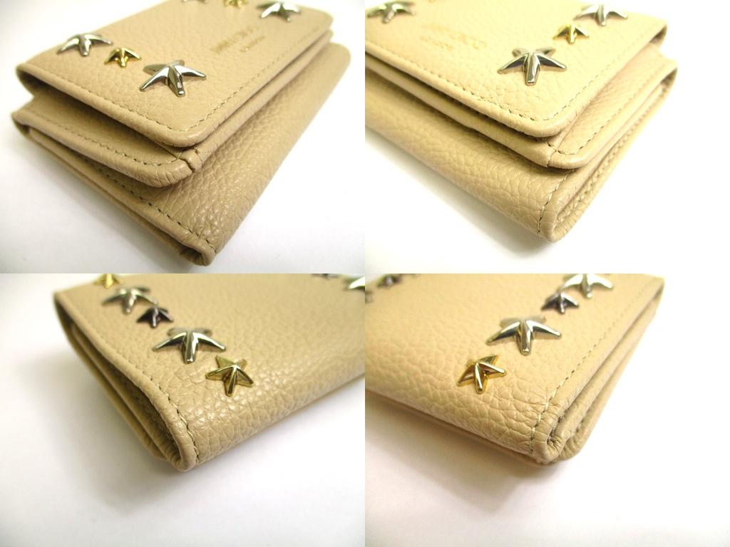 Authentic Jimmy Choo Metal Stars Beige Leather Trifold Wallet Compact Wallet NEMO #a639  Refurbished