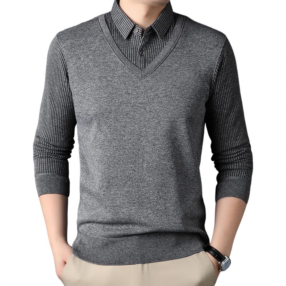 Men Sweater Fake Two-piece Shirt And Sweater Slicing Formal Business Style Turn-down Collar Long Sleeves Striped Office Autumn S