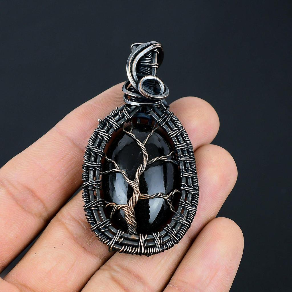 Black Obsidian Gemstone Handmade Pure Copper Wire Wrap Jewelry Pendant For Women