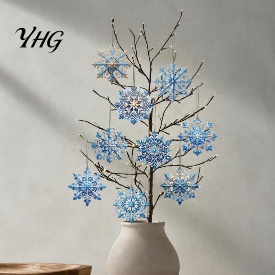 Rustic Wooden Snowflake Pendants 12 Pcs Ornaments, Blue Winter Christmas Tree Hanging Decoration, Reusable Party Favors Double Sided Holiday