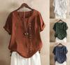 2025 Summer Retro Plus Size Casual Loose Cotton Linen Button Short Sleeve Pullover T-Shirt for Women