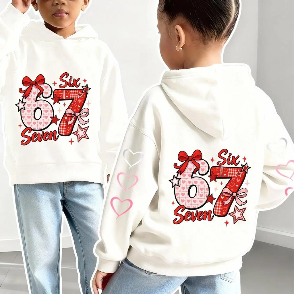 Boys Girls Kids Hoodie Number 67 Printed Sweatshirt Bowknot Heart Graphic Pullover Hooded Top Loose Casual Spring Autumn