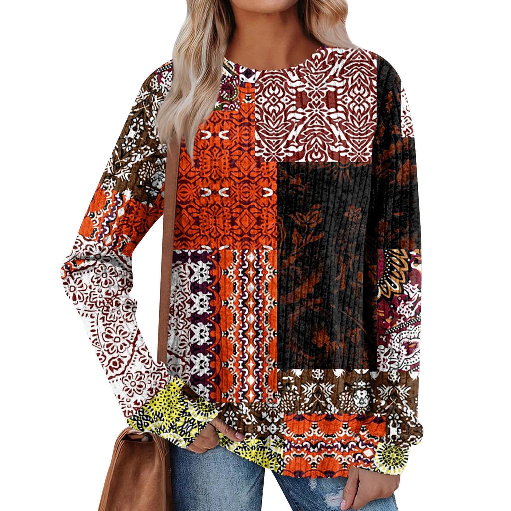 Women's Winter Color-Block Printed Lightweight Brushed-Cotton Round Neck Top