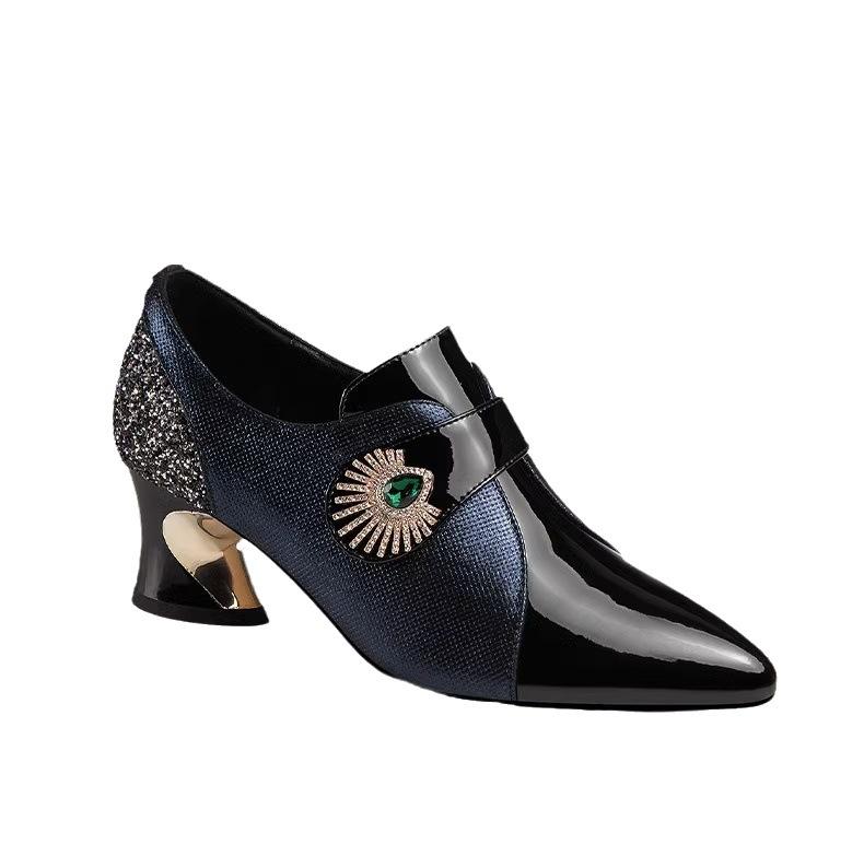 Rhinestone Soft Leather Middle Heel Deep Mouth Single Shoes Women'S Thick Heel Color Matching Pointed Women'S Leather Shoes Side Zipper Mom Shoes