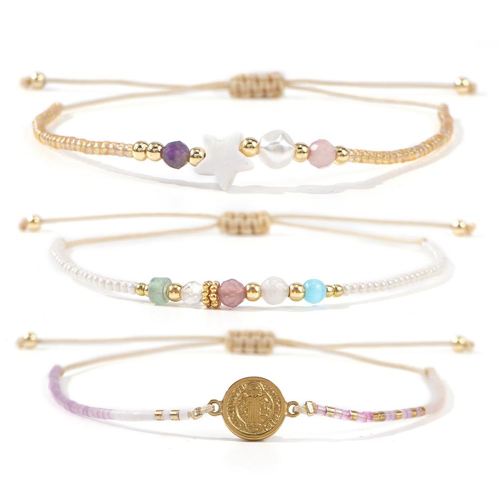 Ximang Unisex Star Buddhism Classic 2016 Gemstone Faux Pearl Beaded Bracelet Set Gold Plating Accents Adjustable Size