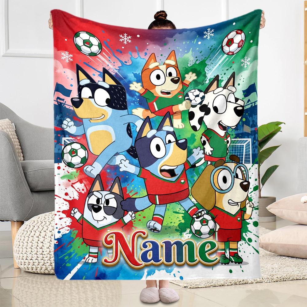 Bluey's Soccer Fun Personalized Name Blanket Gift Customizable Blanket Durable Comfort for Couch Home Decor Bedding Living Room for All Occasions