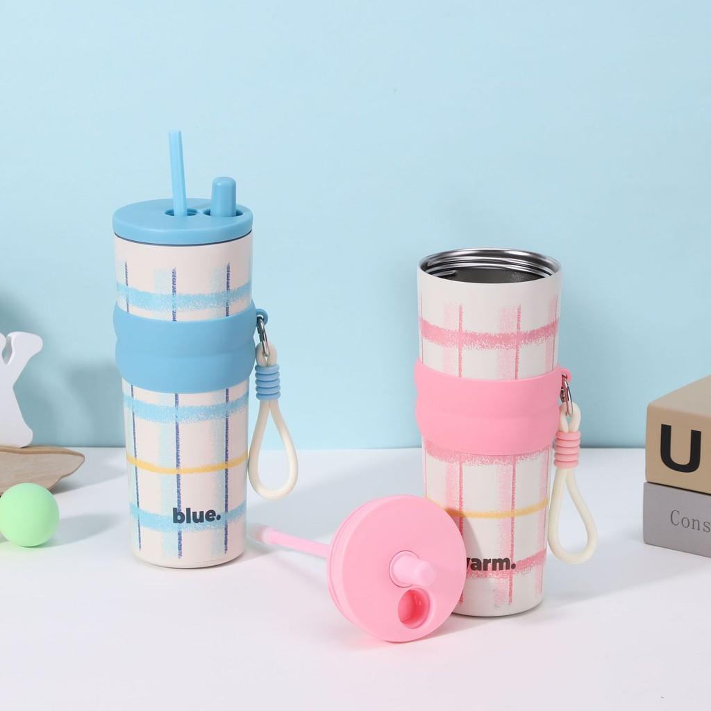 Клетчатая термокружка из нержавеющей стали большой вместимости с принтом букв и соломинкой