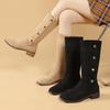 Мода Модные сапоги женские 2024 на зиму Длинные сапоги с металлическими пуговицами Круглый носок Сапоги до середины икры Черные толстые каблуки Офисные женские сапоги