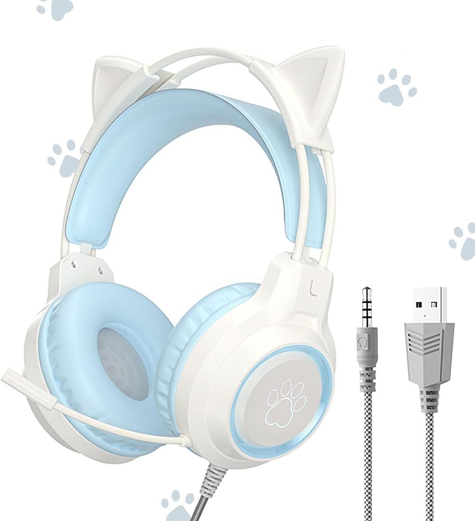 YIK TUNG Cat Ear Gaming Wired Headphones with 40mm RGB USB Soft Protective Excellent Sound Adjustable Cute Compatible with and Language New Japanese