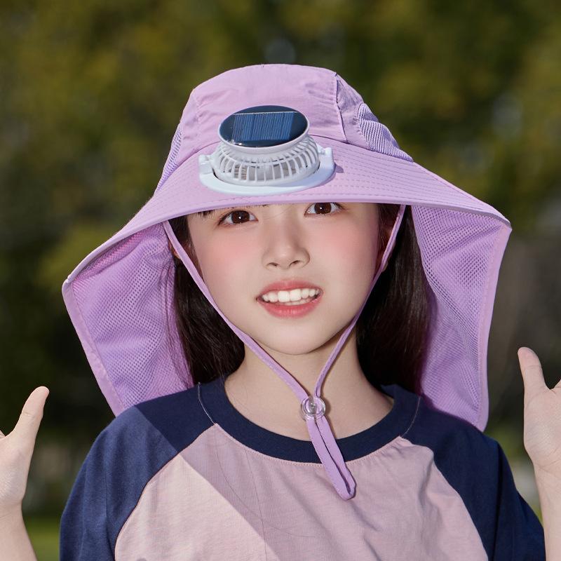 Solar Fan Hat Summer Boys and Girls Sunshade Sunscreen Hat Outdoor Outing Big Brim Shawl Neck Protector Bucket Hat