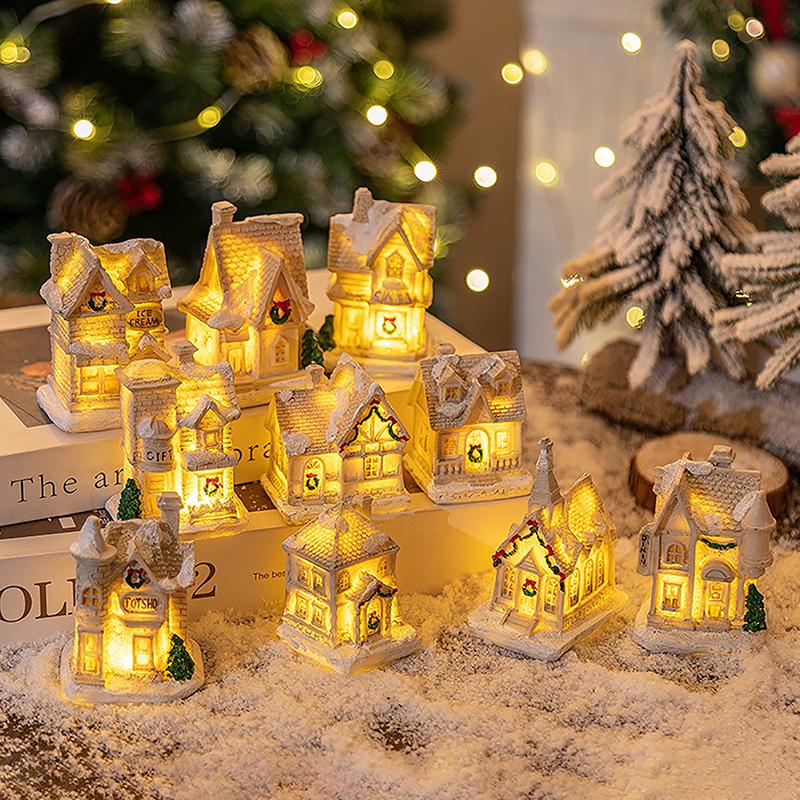 Christmas Decorations Resin Small House Light Up Village House Figurines Cartoon Table Ornament For Holiday Gift Cute Christmas