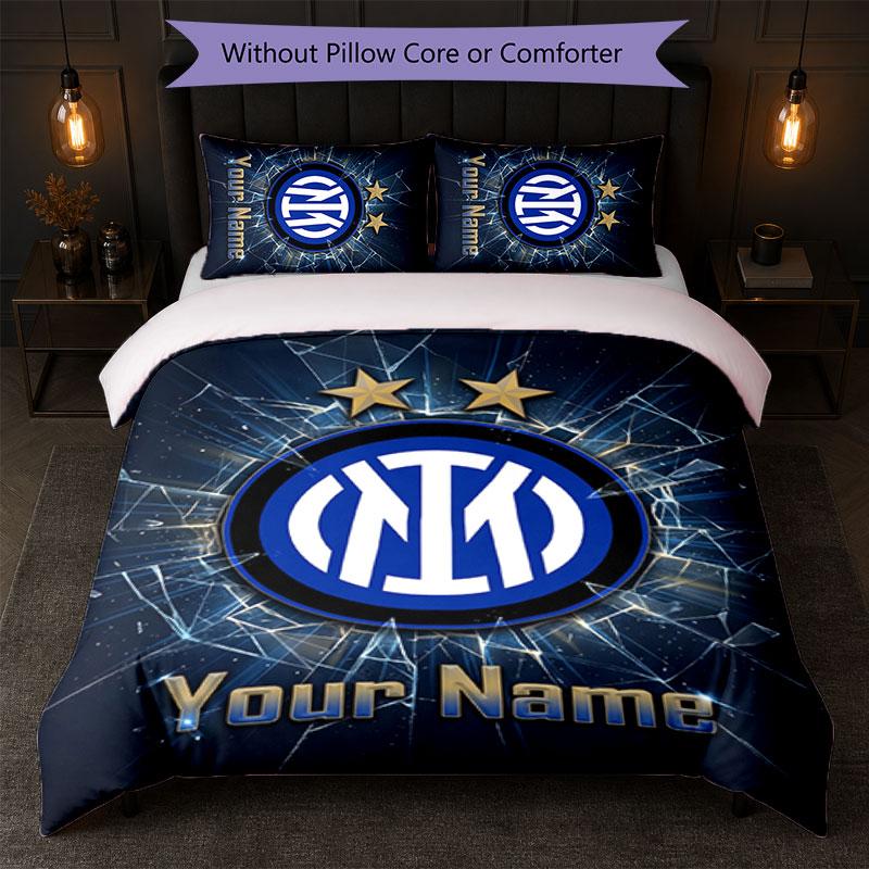 Inter Milan Custom Name Text Bedding Set 1 Duvet Cover+2 Pillowcases Soccer Logo Personalized Gift For Special Occasion Bedroom Decor