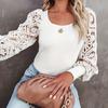 Women Spring Autumn Puff Sleeve U Collar Lacework Hollow Pullover T Shirt Top