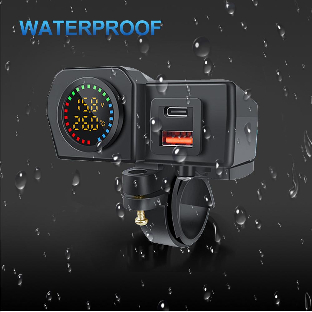 60 Вт QC3.0+PD Двойной USB-разъем для руля мотоцикла и заднего зеркала Быстрое зарядное устройство Адаптер питания для телефона Цифровой вольтметр Термометр