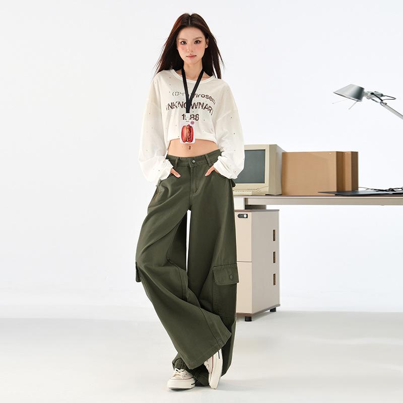 Army green American tooling casual pants women's 1116 autumn new high-waisted loose and thin scimitar wide-leg pants