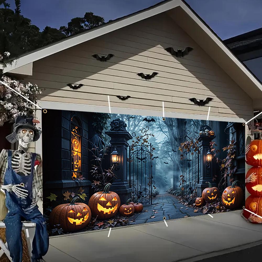 A 2D flat banner, single-piece design, featuring a large-sized terrifying outdoor decorative background