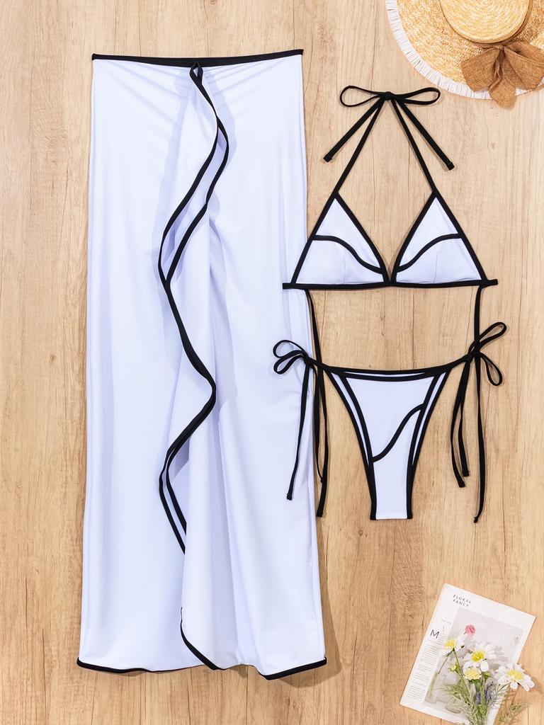 Комплект бикини из трех предметов 2025 европейский и американский: Сексуальный длинный купальник-накидка с принтом для женщин