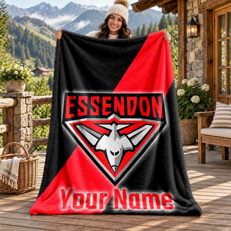 Essendon FC Custom Name Flannel Blanket Personalized Soft Warm Plush Throw Blanket Customized Gift for Family Friends