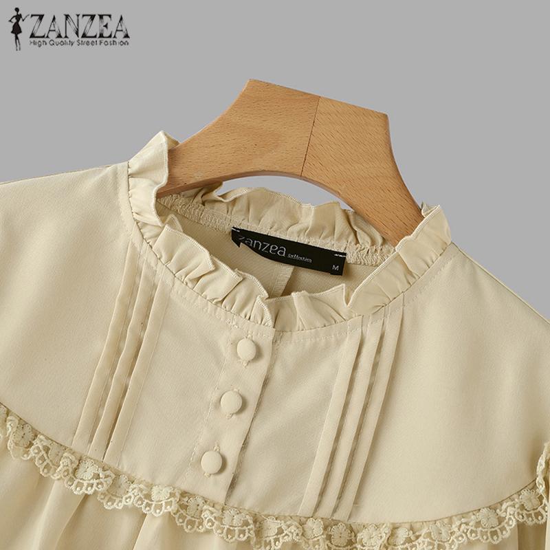 ZANZEA Женские винтажные кружевные блузки с круглым вырезом и длинным рукавом в полоску