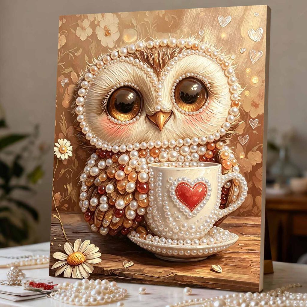 Набор для рисования жемчугом в рамке Милая сова с чашкой кофе DIY Блестящее холстовое искусство Расслабляющее рукоделие Подарок для любителей рукоделия Декор для дома 12345