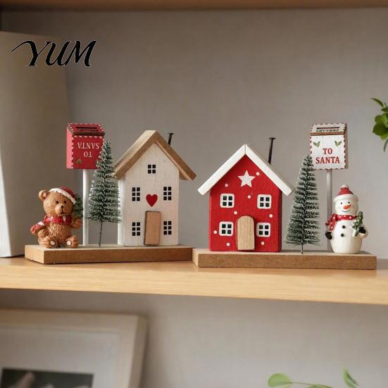 Cute Doll Christmas Ornament Set Mini Village House Figurine, Winter Scene with Snowman Gift for Family Bear & Mailbox, Nordic Style Desktop Tabletop
